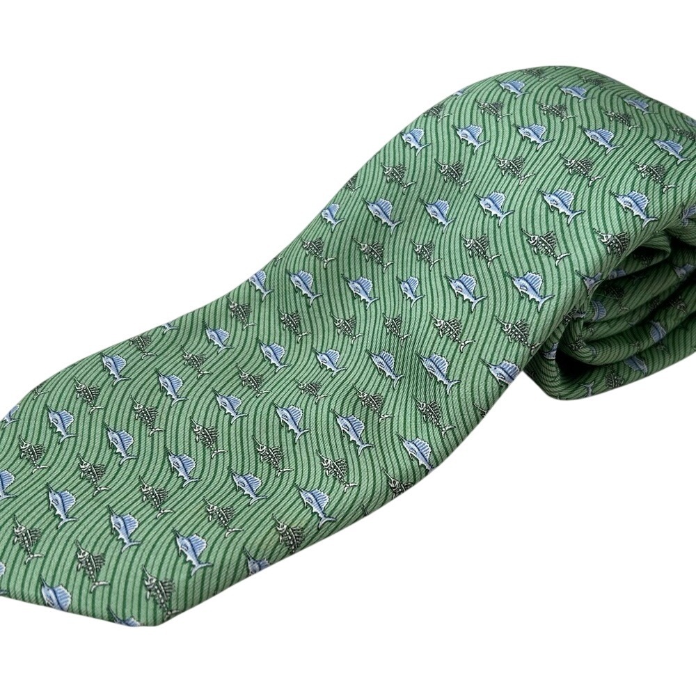 Vineyard Vines Martha's Vineyard 100% Silk Tie Green Blue Marlin Swordfish